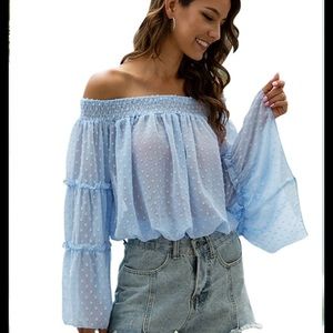 LIGHT IN THE BOX Women’s  Blue Off Shoulder Dot Top Lace Ruffle Bell Sleeves-Lg